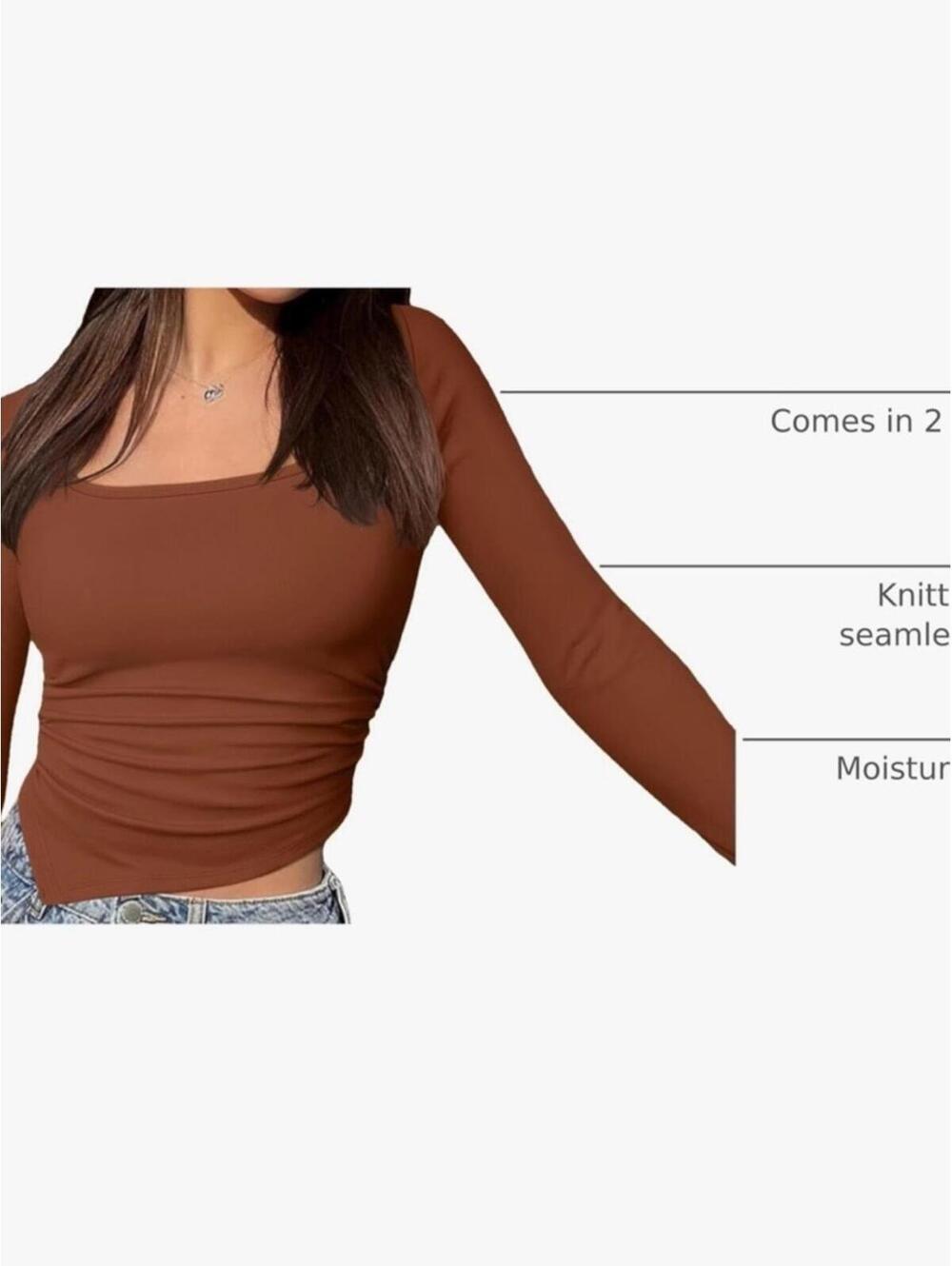 OQQ Women’s Square Neck Long Sleeve Top in Brown - Picture 2 of 6